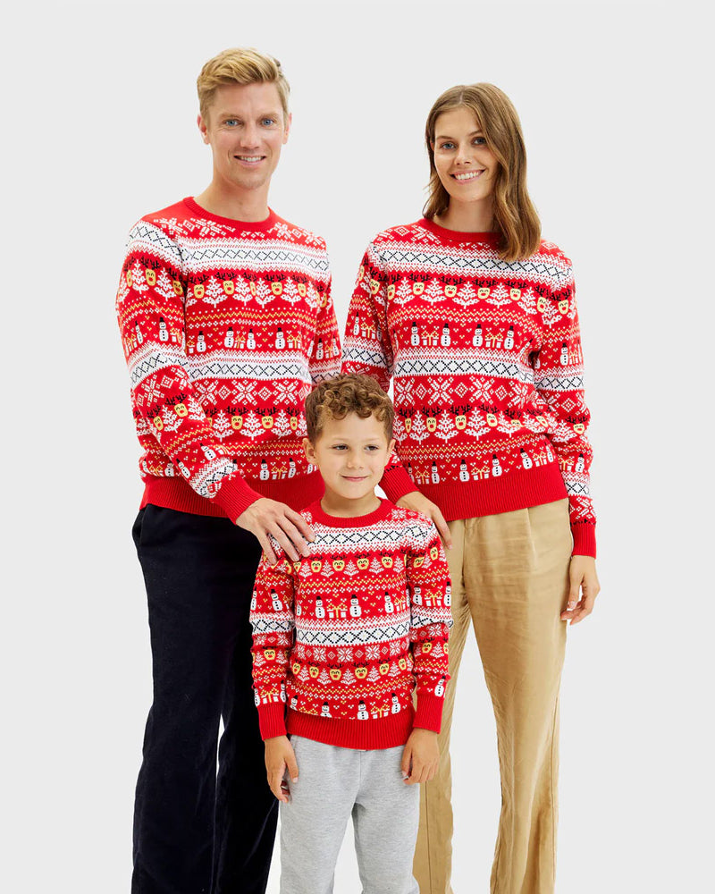 Red Organic Cotton Family Ugly Christmas Sweater Snowmen Trees