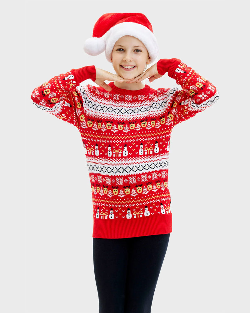 Red Organic Cotton Girls Ugly Christmas Sweater Snowmen Trees