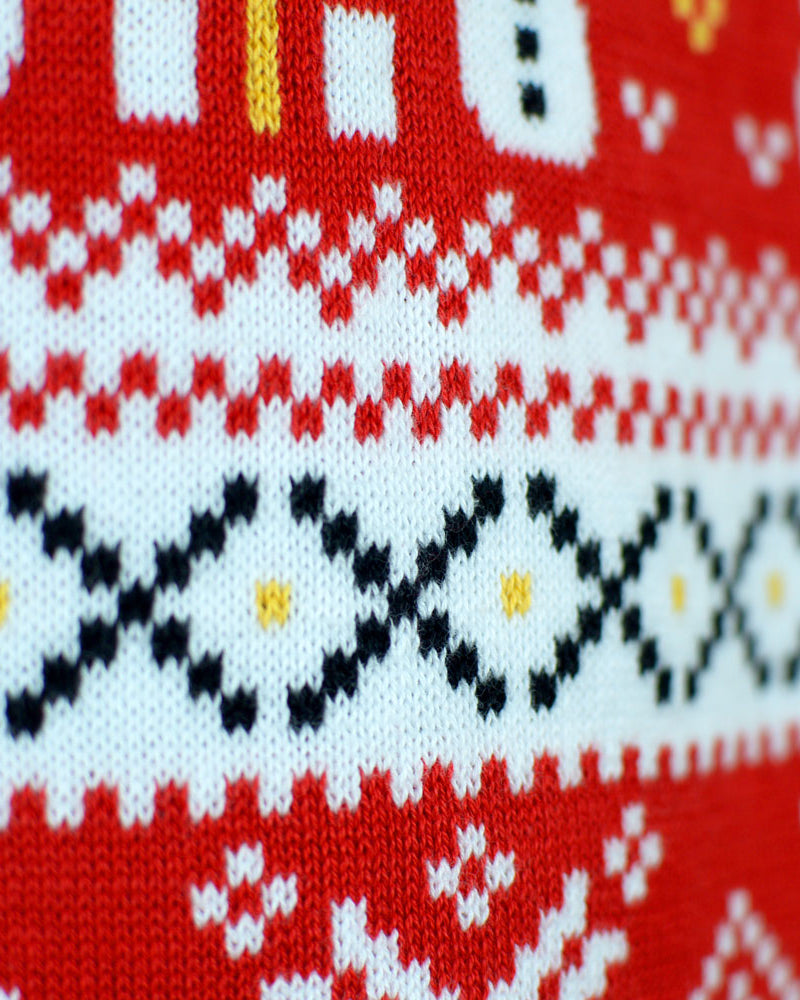 Red Organic Cotton Mens Ugly Christmas Sweater Detail Snowmen Trees