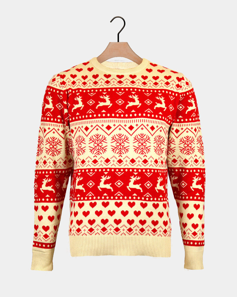 Red Organic Cotton Womens Ugly Christmas Sweater Hearts Beige