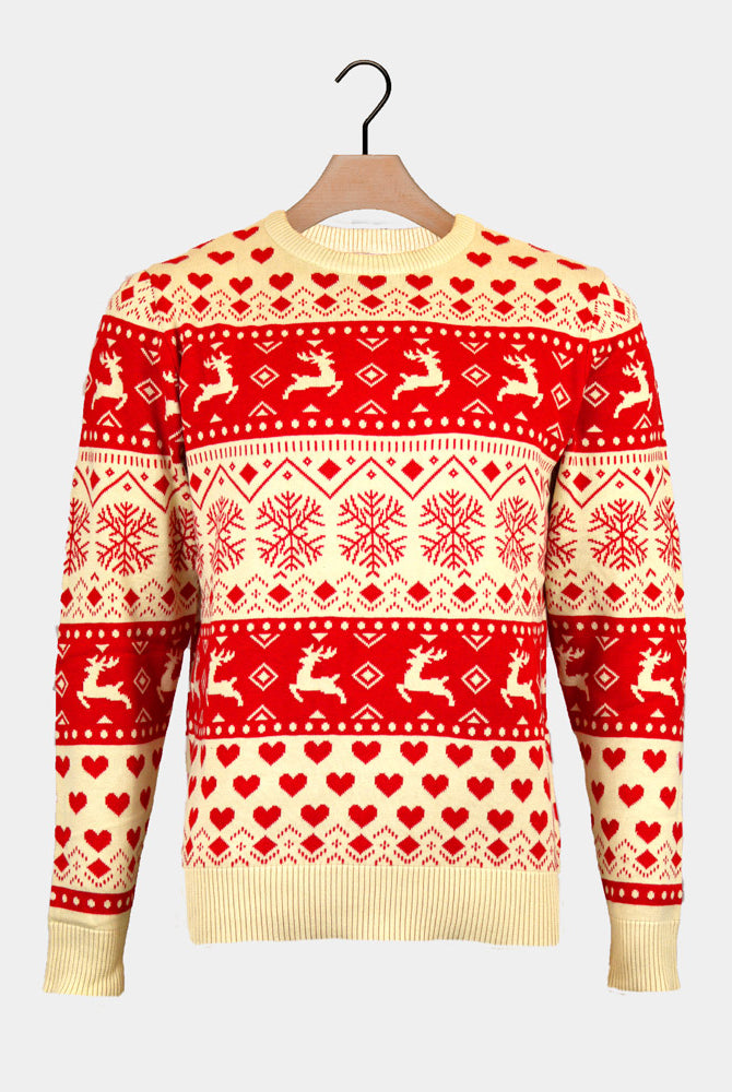 Red Organic Cotton Womens Ugly Christmas Sweater Hearts Beige