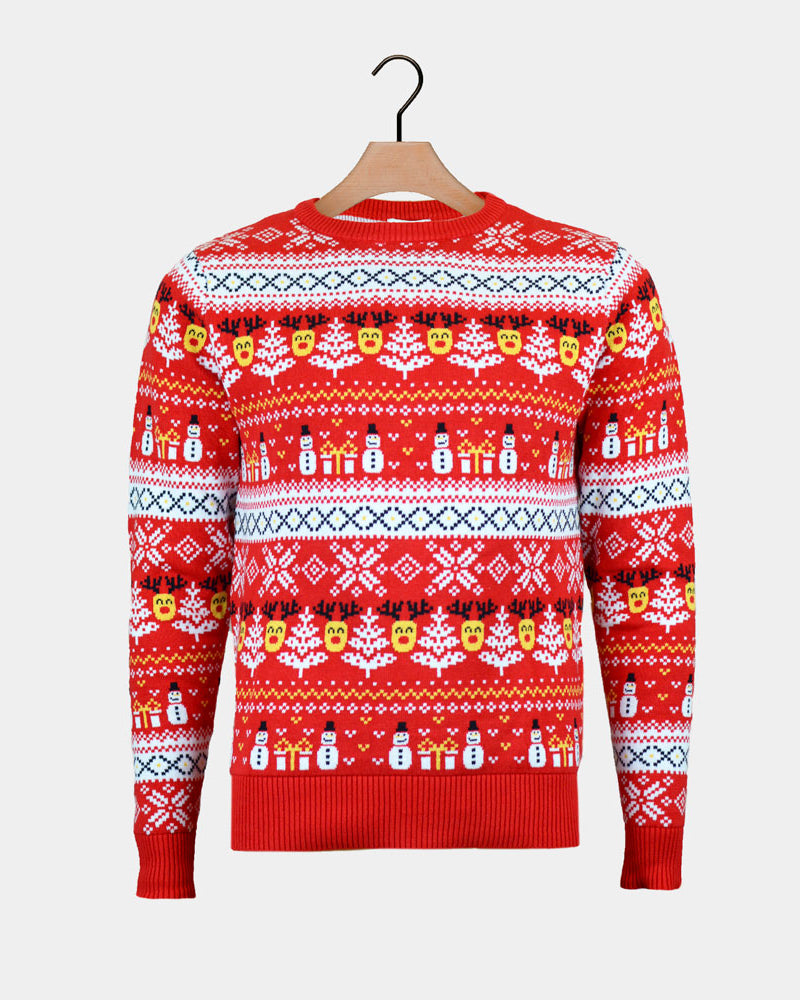 Red Organic Cotton Ugly Christmas Sweater Snowmen Trees Mens