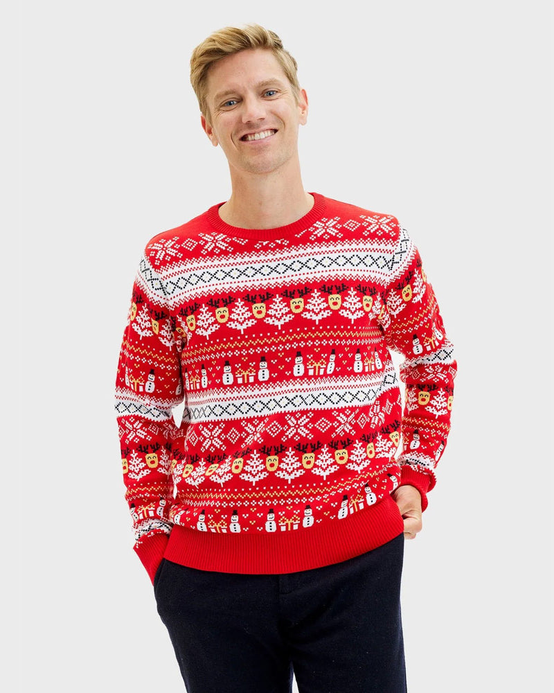 Red Organic Cotton Mens Ugly Christmas Sweater Snowmen Trees