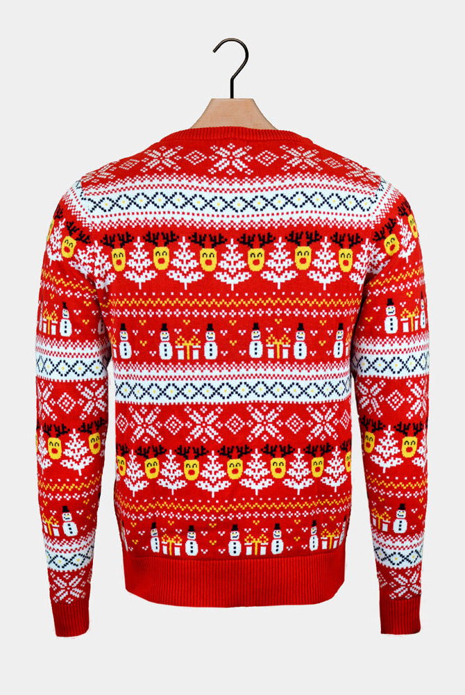 Red Organic Cotton Womens Ugly Christmas Sweater Back Snowmen Trees