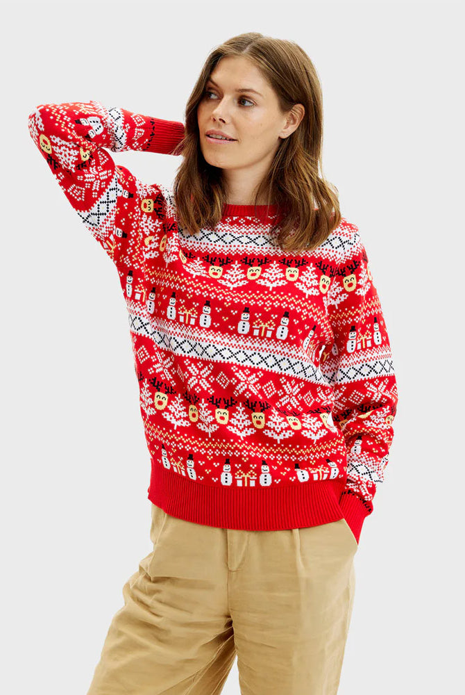 Red Organic Cotton Womens Ugly Christmas Sweater Snowmen Trees