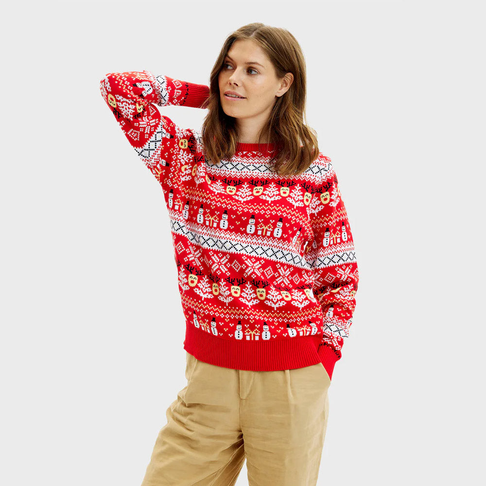 Red Organic Cotton Womens Ugly Christmas Sweater Snowmen Trees