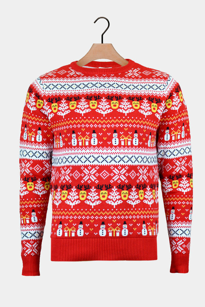 Red Organic Cotton Womens Ugly Christmas Sweater Snowmen Trees