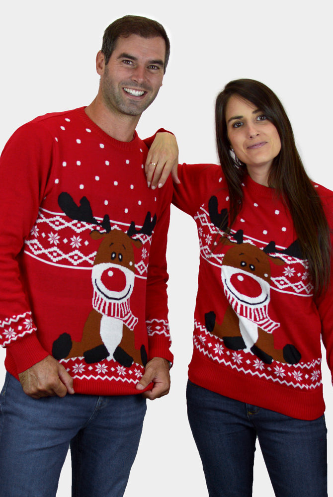 Red Ugly Christmas Sweater with Rudolph the Happy Reindeer couple