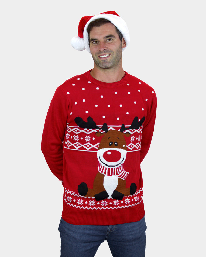 mens Red Ugly Christmas Sweater with Rudolph the Happy Reindeer