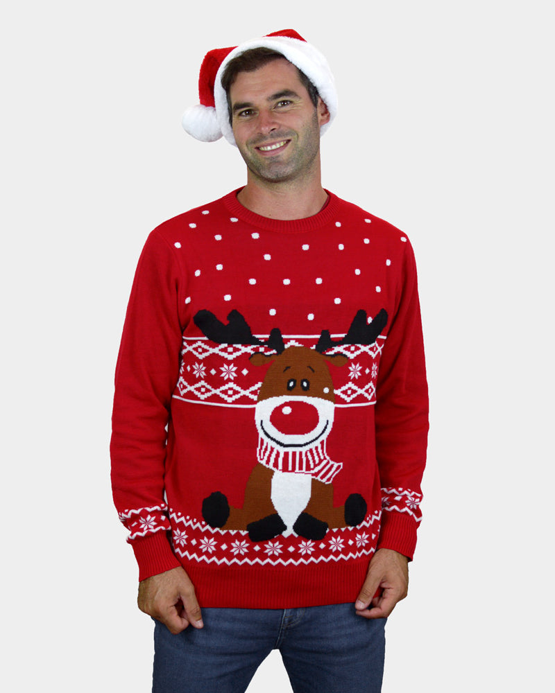 Red Ugly Christmas Sweater with Rudolph the Happy Reindeer mens