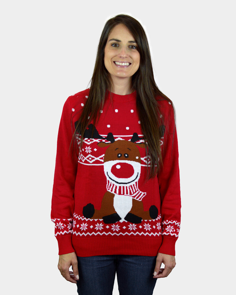 womens Red Ugly Christmas Sweater with Rudolph the Happy Reindeer