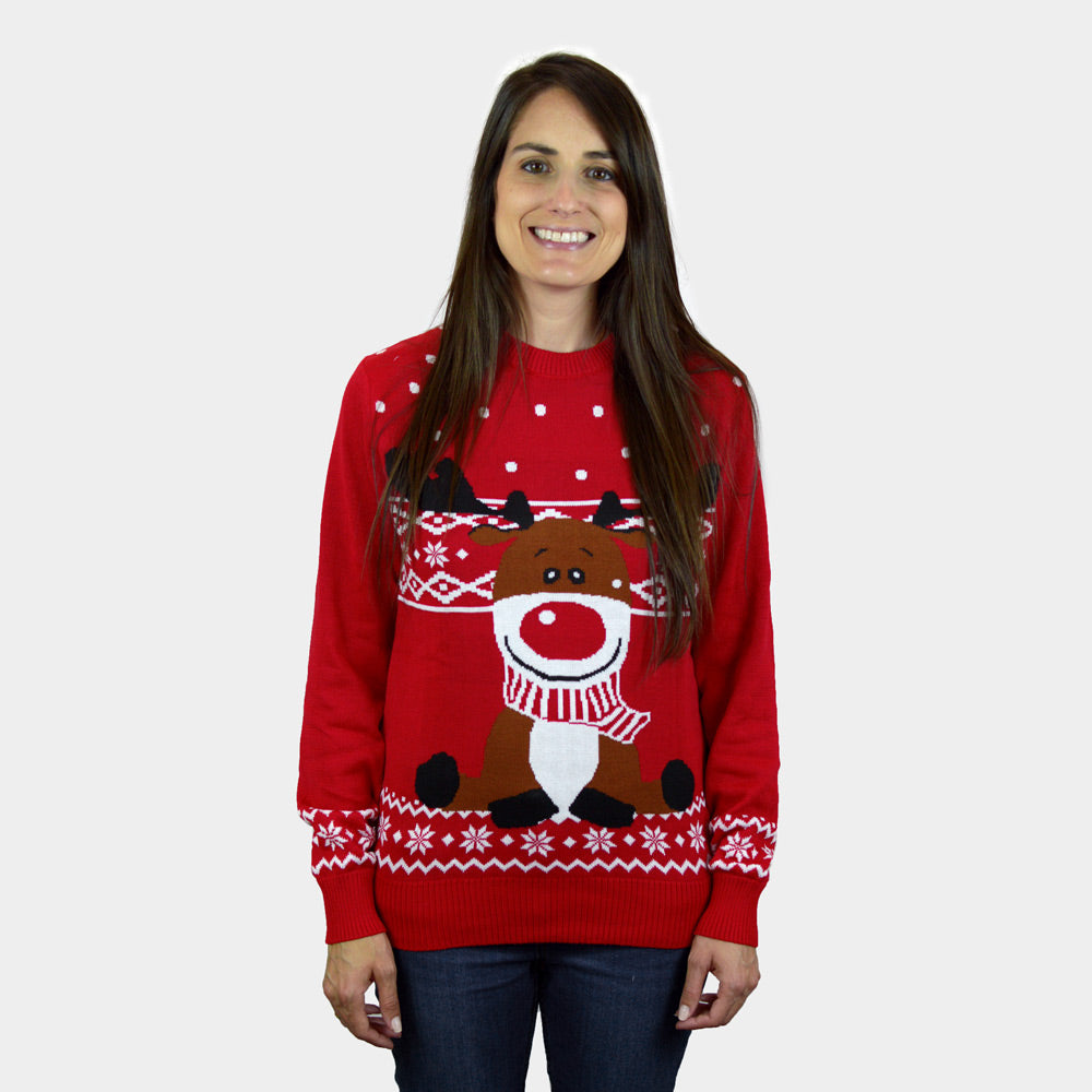 womens Red Ugly Christmas Sweater with Rudolph the Happy Reindeer