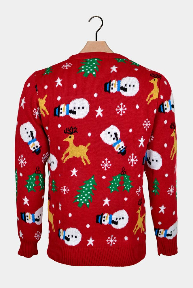 Women's Red Ugly Christmas Sweater with Santa, Trees and Snowmens Back
