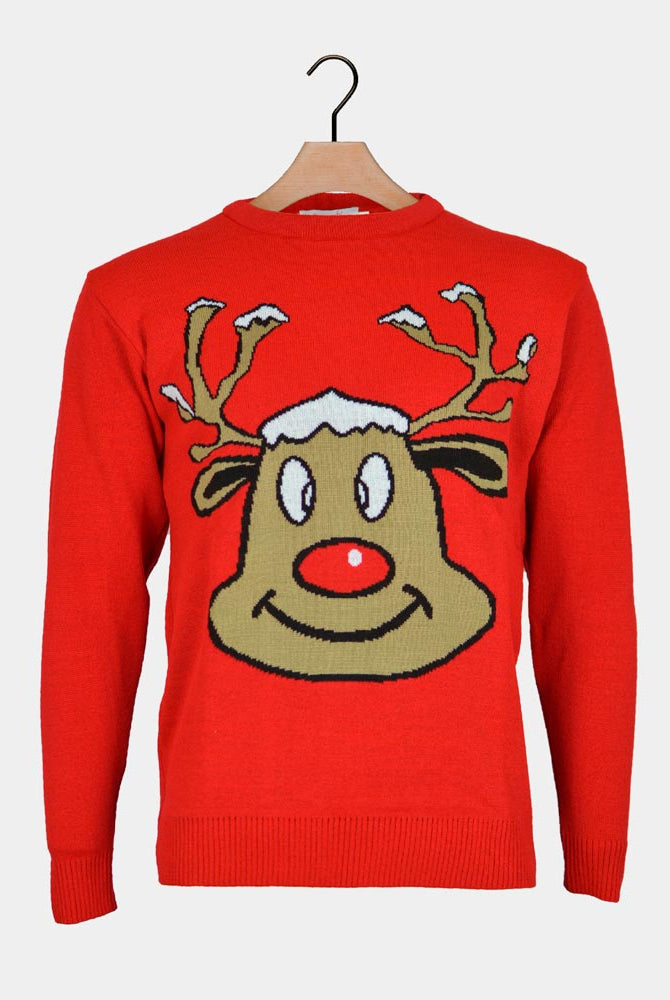 Red Ugly Christmas Sweater with Smiling Reindeer