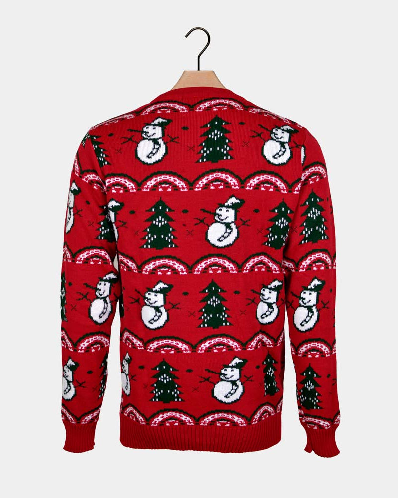 Women's Red Ugly Christmas Sweater with Trees and Snowmens Back