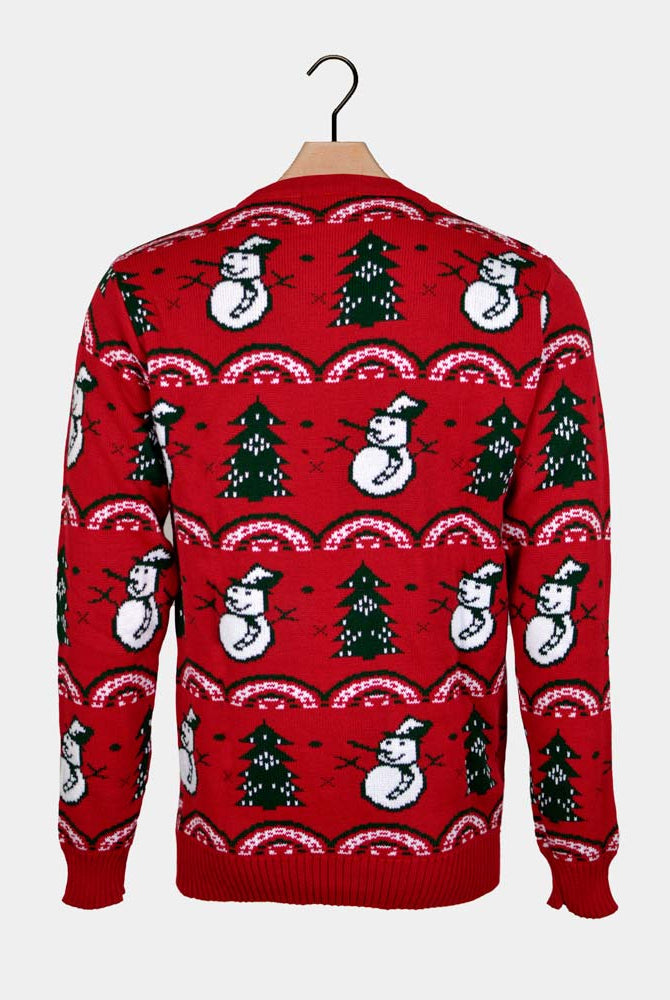 Women's Red Ugly Christmas Sweater with Trees and Snowmens Back