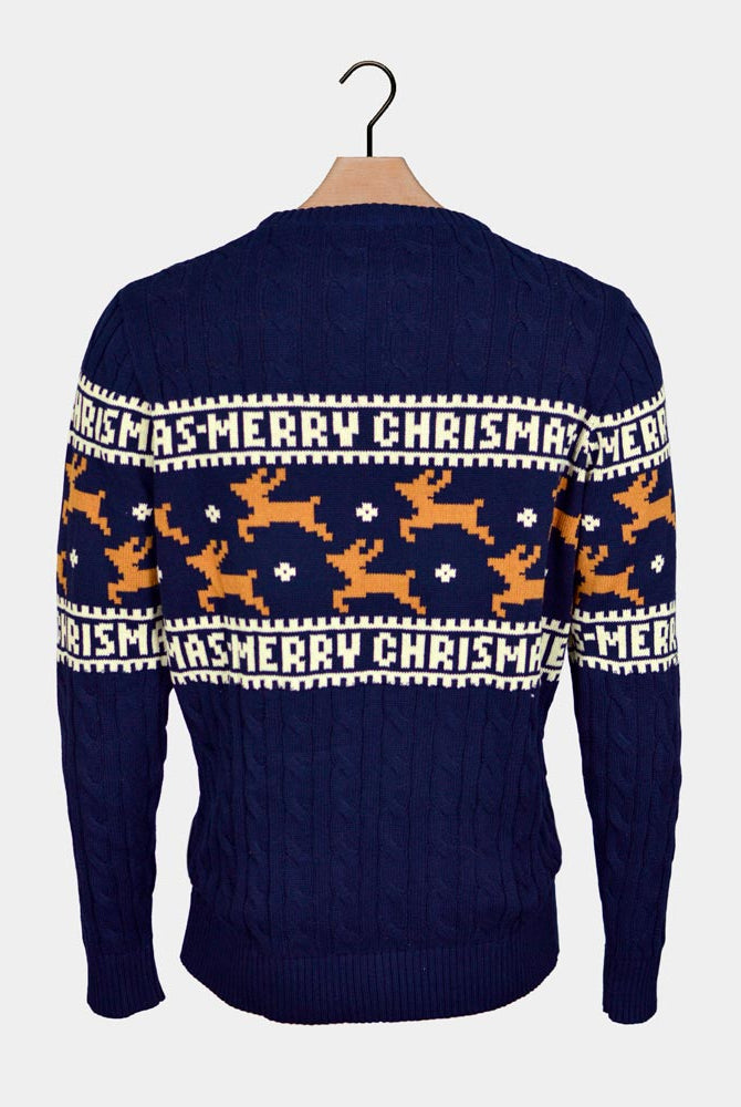 Classy Blue Organic Cotton Couples Ugly Christmas Sweater Reindeers back