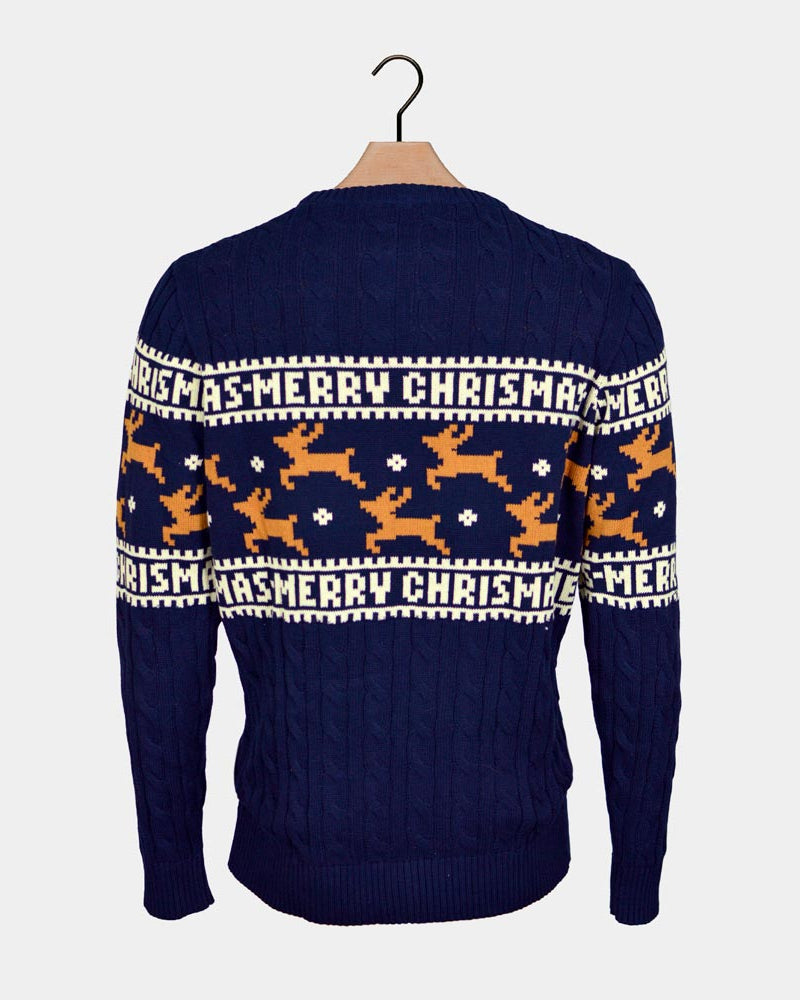 Classy Blue Organic Cotton Men's Ugly Christmas Sweater Reindeers
