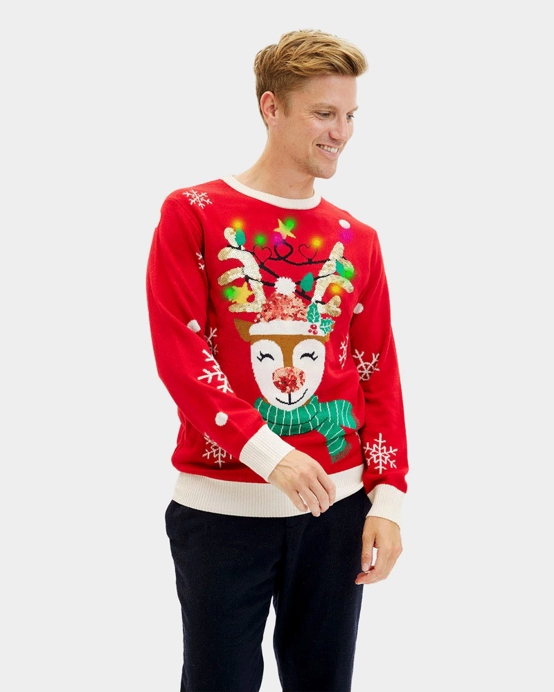 LED light-up Mens Ugly Christmas Sweater Sequin Reindeer Sparkling