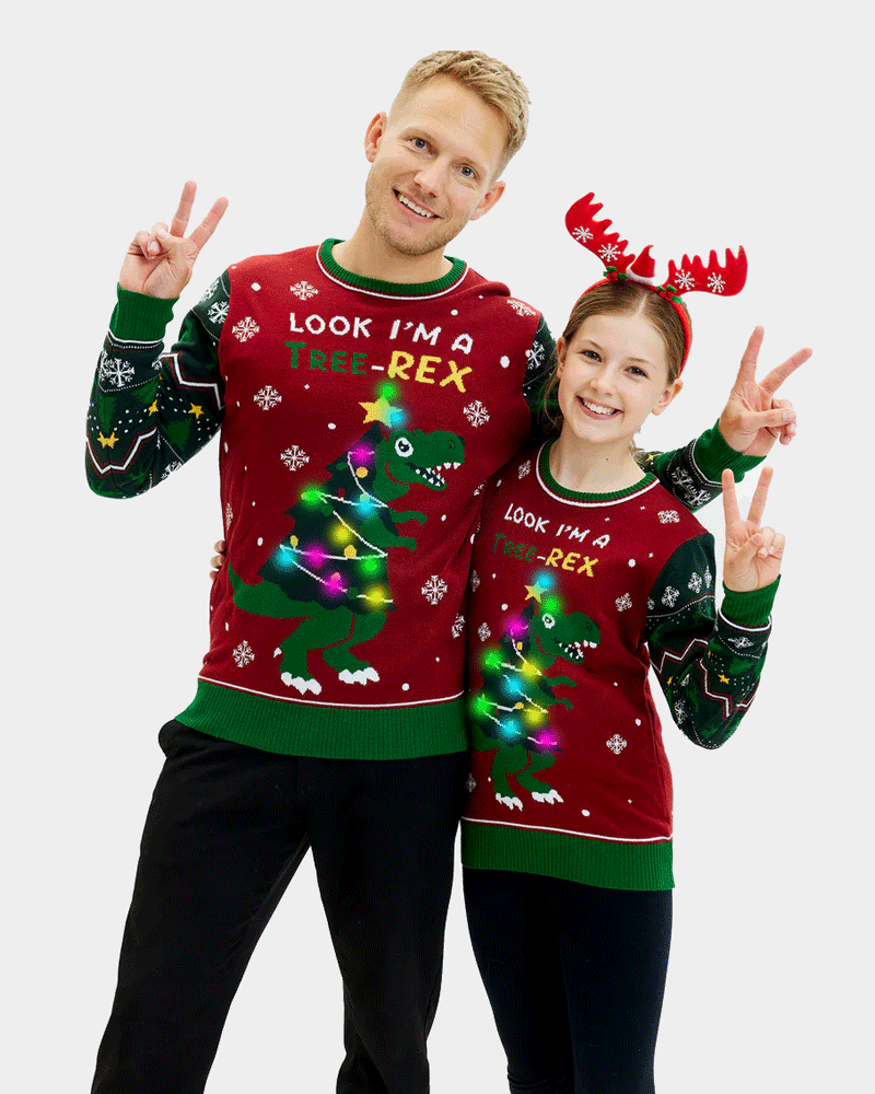 Tree-Rex LED light-up Mens Children Ugly Christmas Sweater