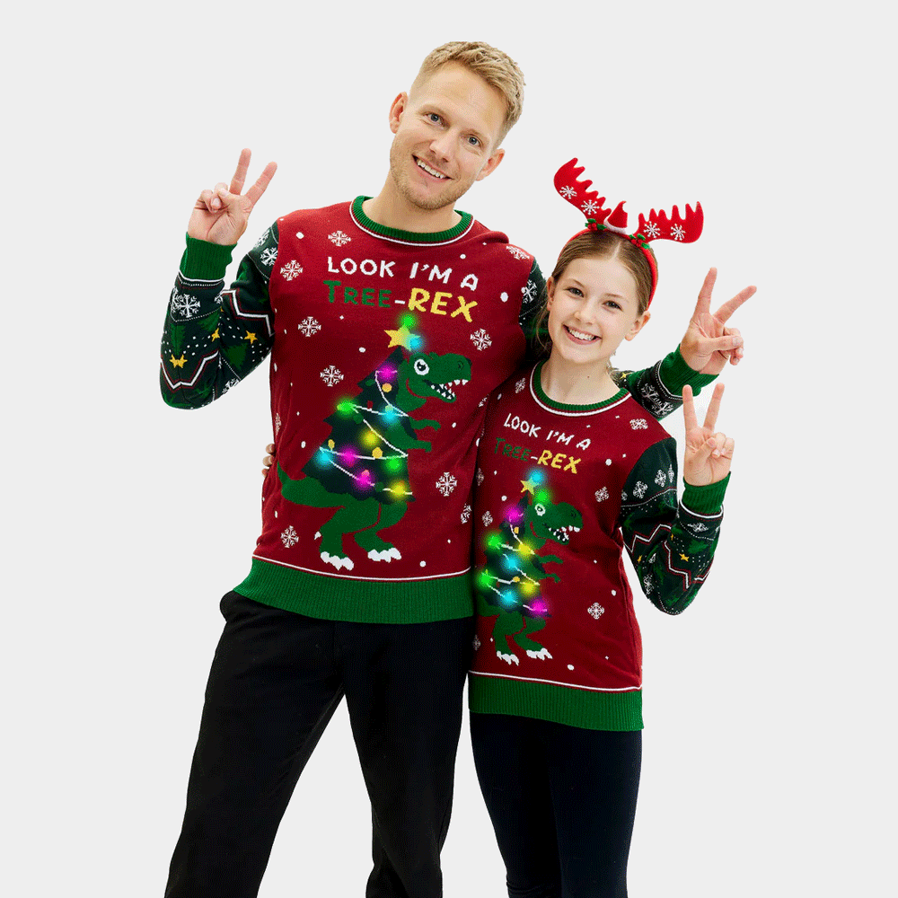 Tree-Rex LED light-up Mens Children Ugly Christmas Sweater