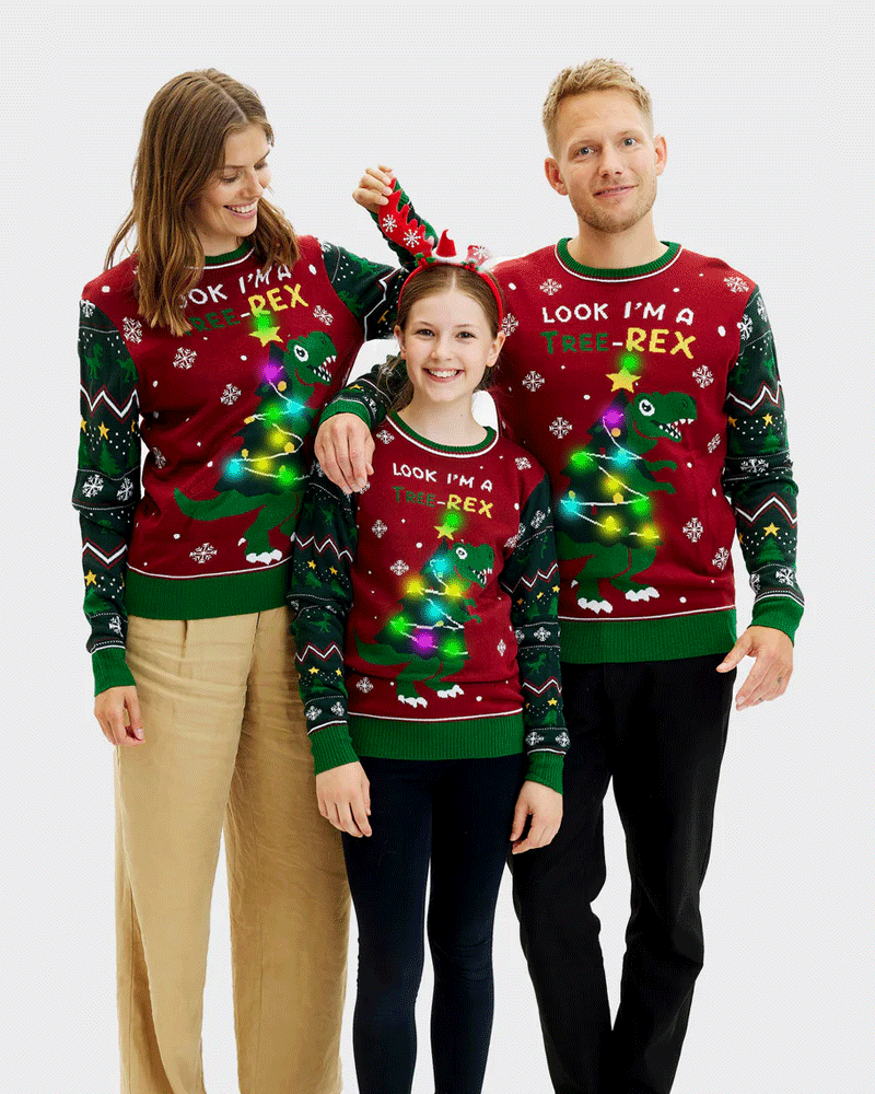 Tree-Rex LED light-up Mens Ugly Christmas Sweater Family