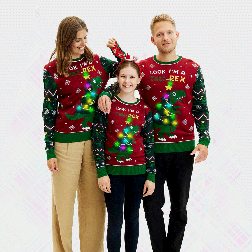 Tree-Rex LED light-up Mens Ugly Christmas Sweater Family