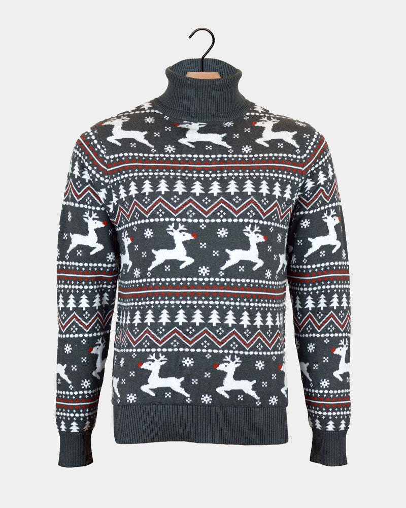 Turtleneck Organic Cotton Couples Grey Ugly Christmas Sweater Reindeers