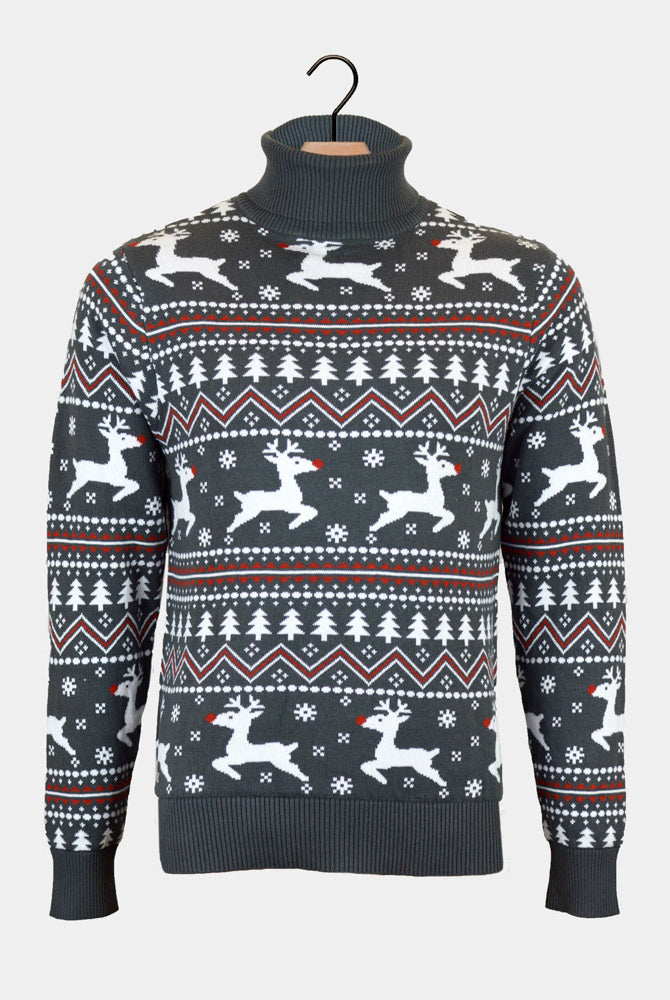 Turtleneck Organic Cotton Couples Grey Ugly Christmas Sweater Reindeers