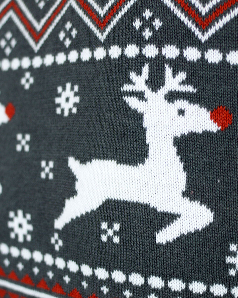 Turtleneck Organic Cotton Couples Grey Ugly Christmas Sweater Detail Reindeers