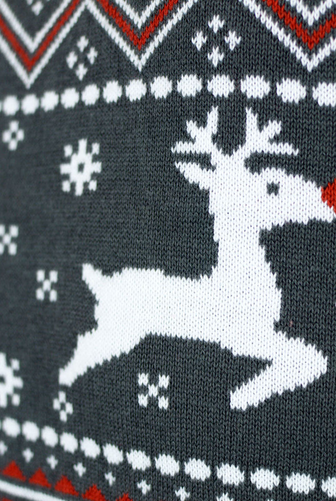 Turtleneck Organic Cotton Couples Grey Ugly Christmas Sweater Detail Reindeers