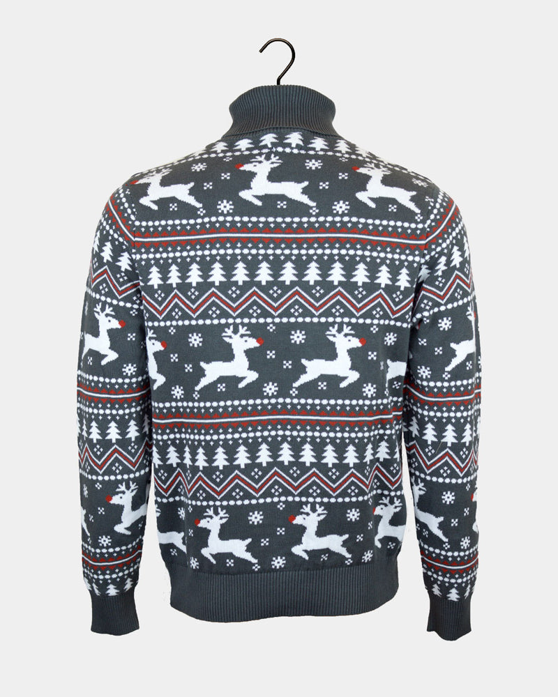 Turtleneck Organic Cotton Couples Grey Ugly Christmas Sweater Reindeers Back