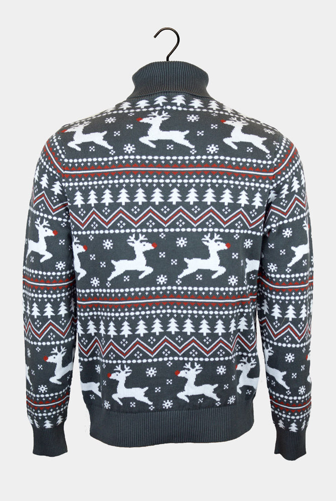 Turtleneck Organic Cotton Couples Grey Ugly Christmas Sweater Reindeers Back