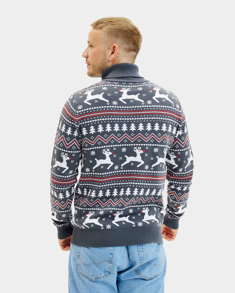 Mens Turtleneck Organic Cotton Couple's Grey Ugly Christmas Sweater with Reindeers