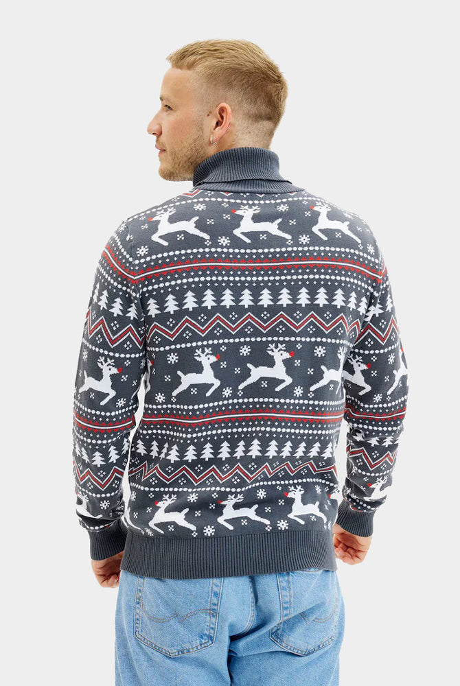 Mens Turtleneck Organic Cotton Couple's Grey Ugly Christmas Sweater with Reindeers