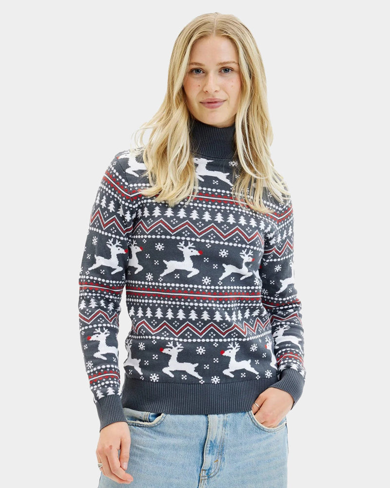 Turtleneck Organic Cotton Couple's Grey Ugly Christmas Sweater with Reindeers Womens