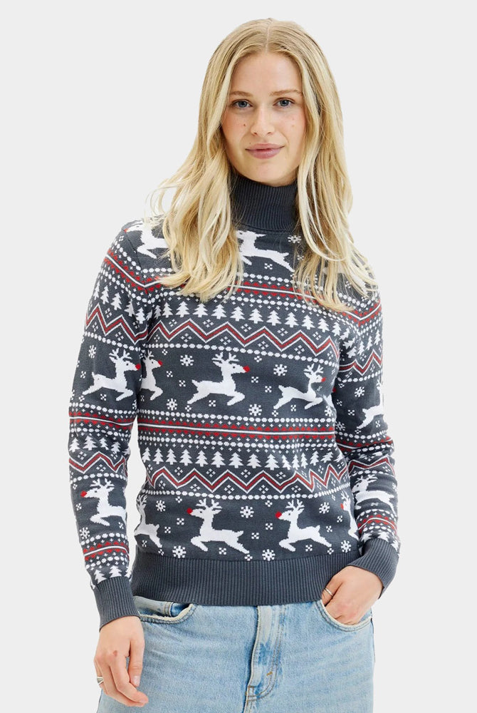 Turtleneck Organic Cotton Couple's Grey Ugly Christmas Sweater with Reindeers Womens
