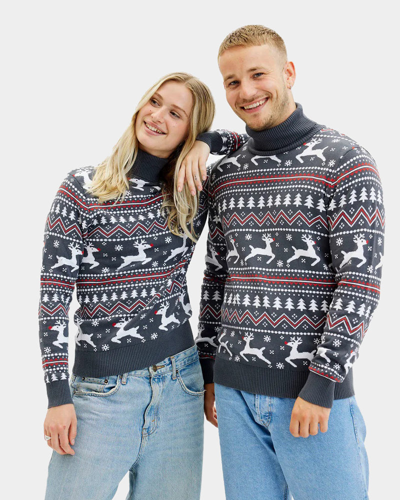 Turtleneck Organic Cotton Couple's Grey Ugly Christmas Sweater with Reindeers