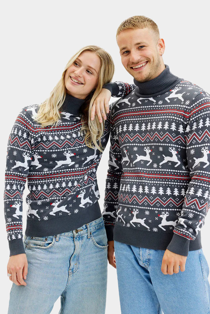Turtleneck Organic Cotton Couple's Grey Ugly Christmas Sweater with Reindeers