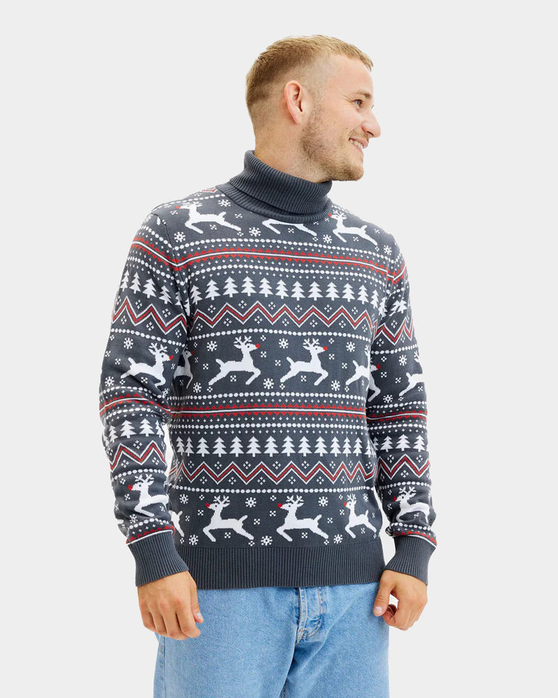 Organic Cotton Men's Grey Ugly Christmas Sweater with Reindeers Turtleneck
