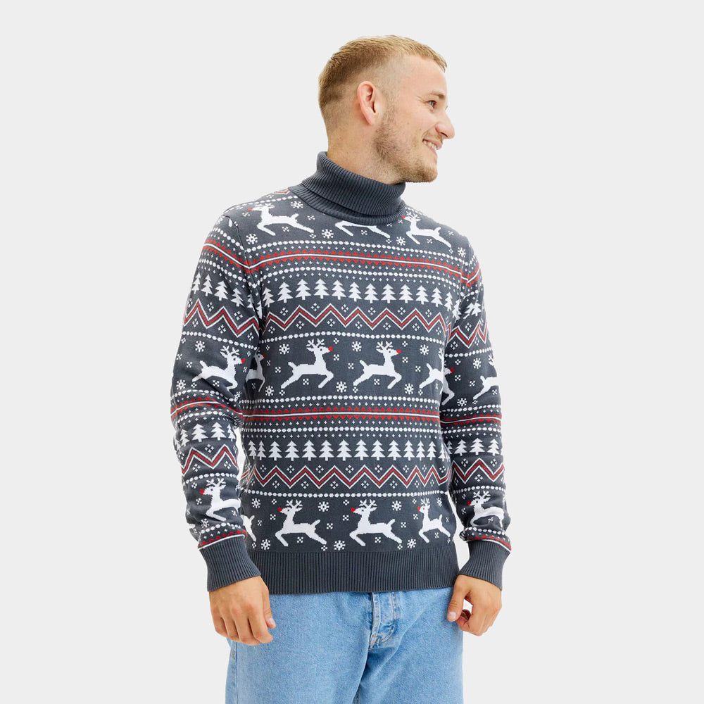Organic Cotton Men's Grey Ugly Christmas Sweater with Reindeers Turtleneck