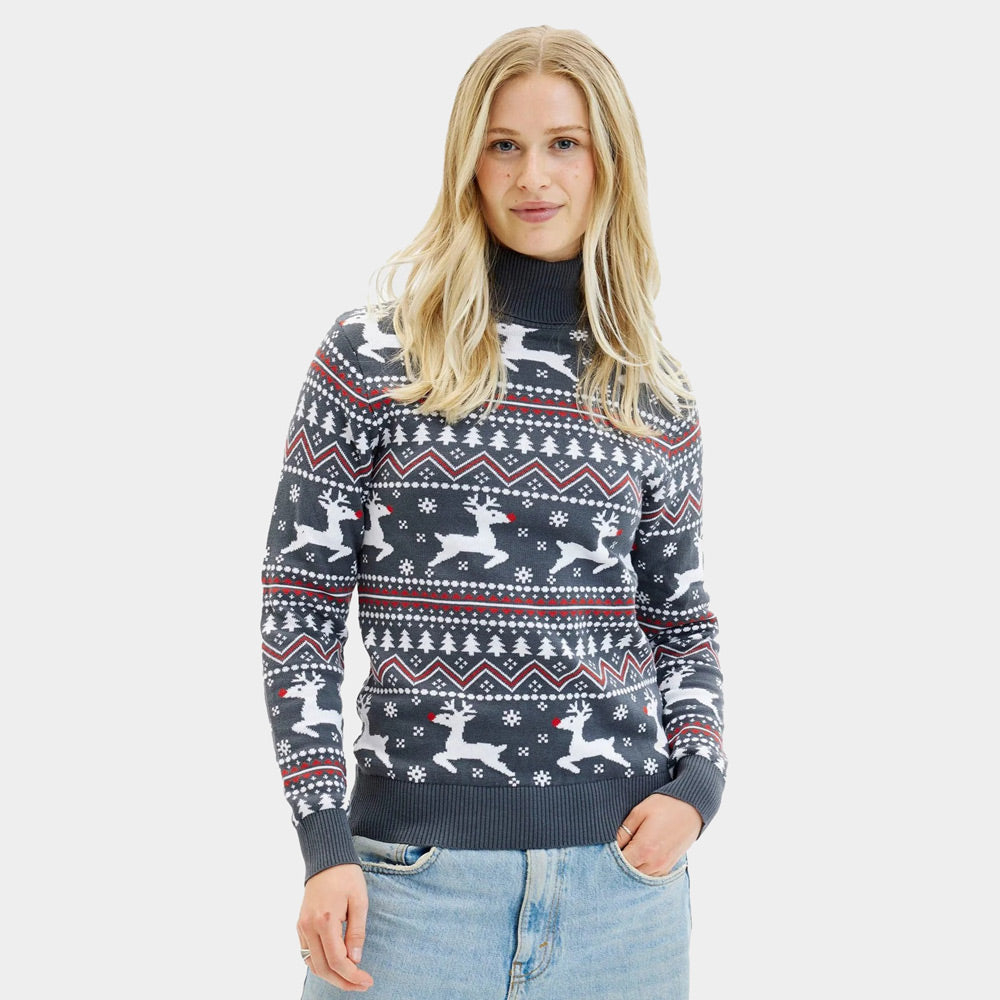 Turtleneck Organic Cotton Women's Grey Ugly Christmas Sweater with Reindeers