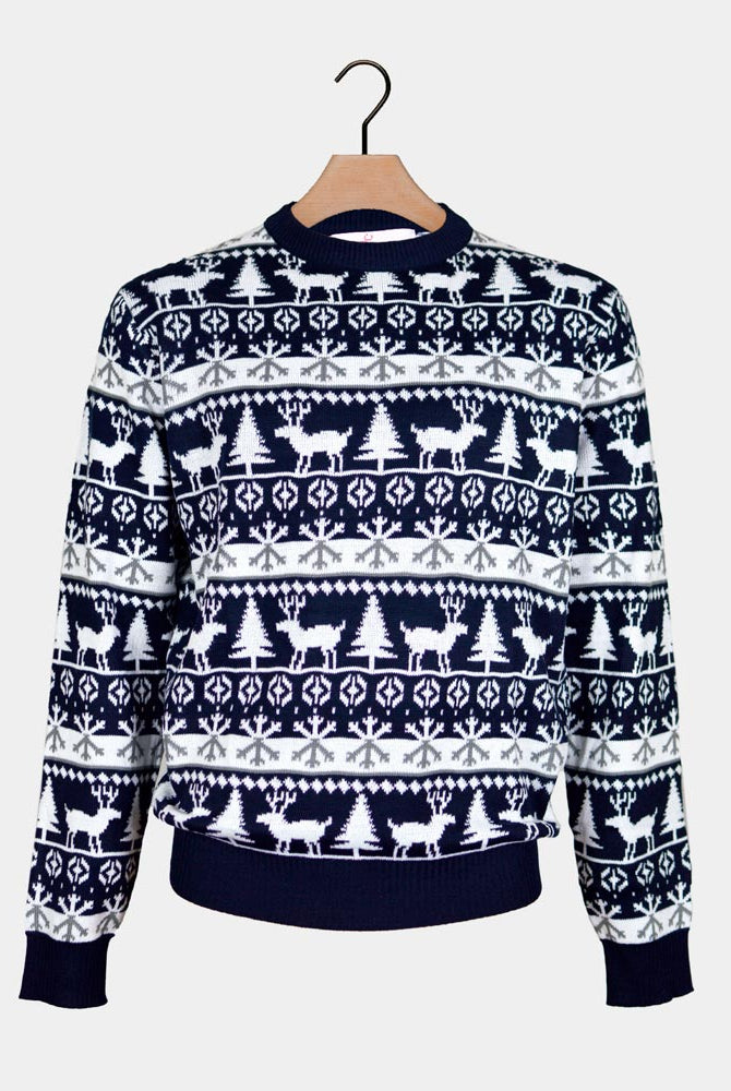 Couple's Ugly Christmas Sweater Reindeers and Trees Strips