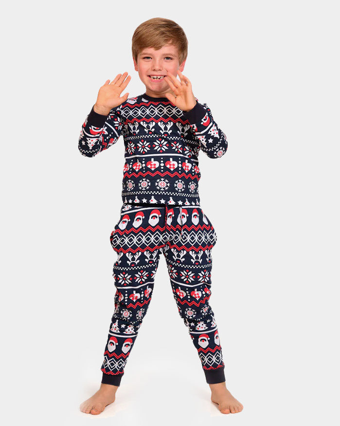 Ugly Christmas Pyjama for Children with Santa, Reindeers and Hearts