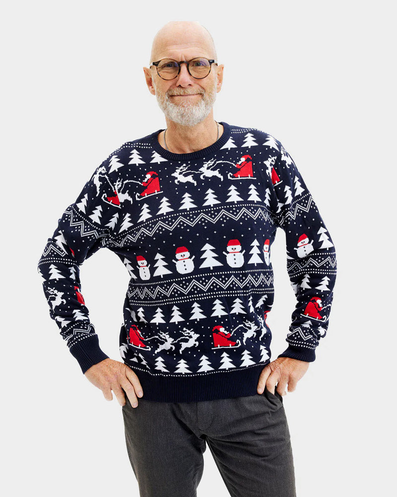 Mens Ugly Christmas Sweater with Trees, Snowmens and Santa