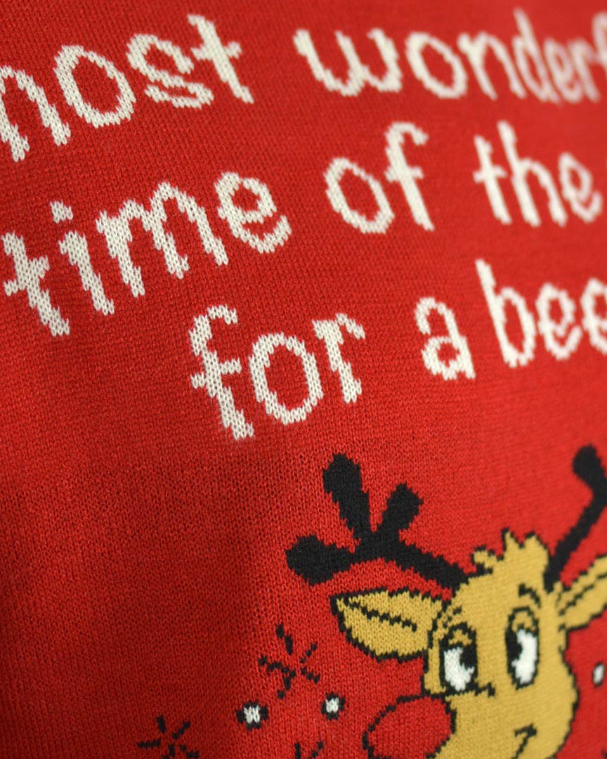 Women's Ugly Christmas Sweater with Reindeer + Beer Opener Detail