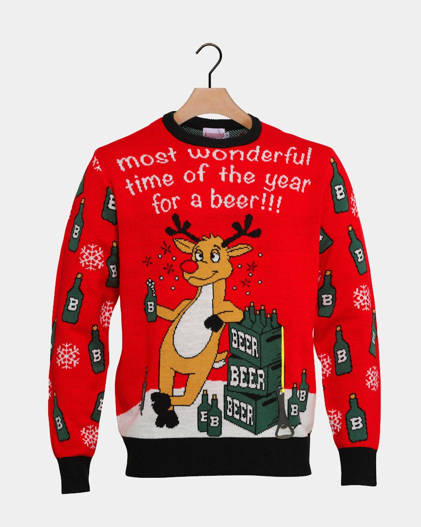 Men's Ugly Christmas Sweater Detail Reindeer + Beer Opener