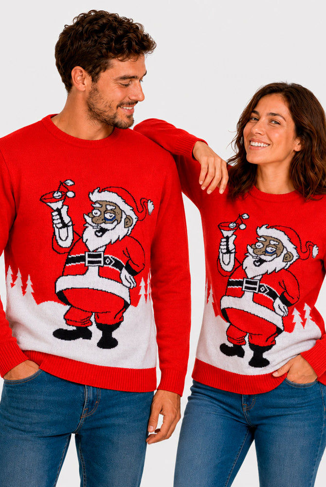 Ugly Christmas Sweater with Santa drinking a Martini couple