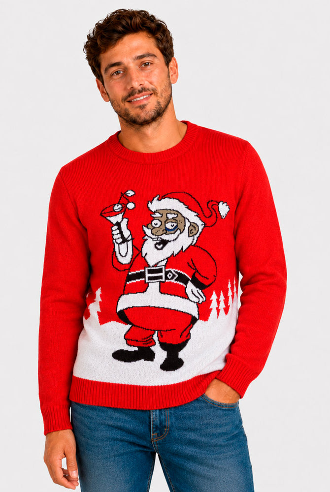 Ugly Christmas Sweater with Santa drinking a Martini Men