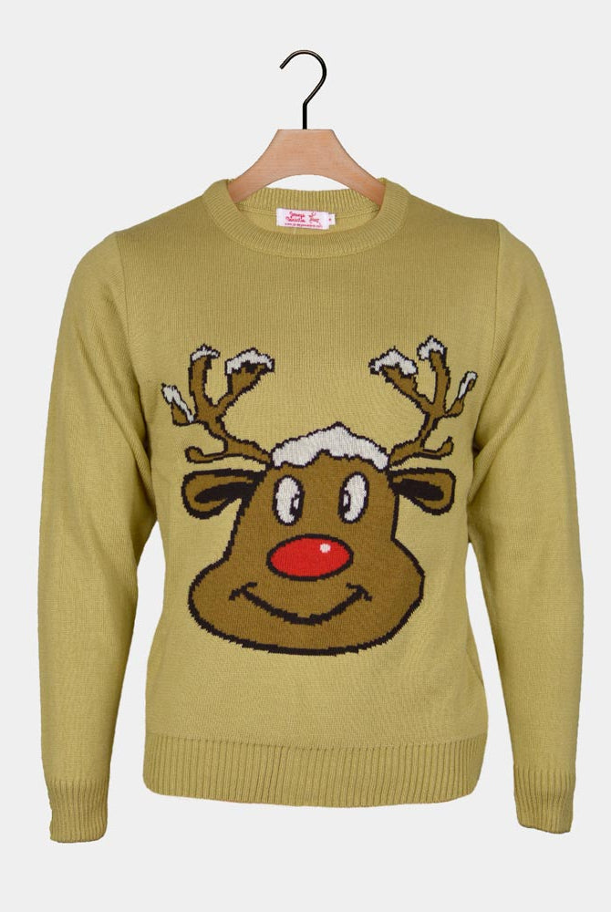 Beige Ugly Christmas Sweater with Smiling Reindeer
